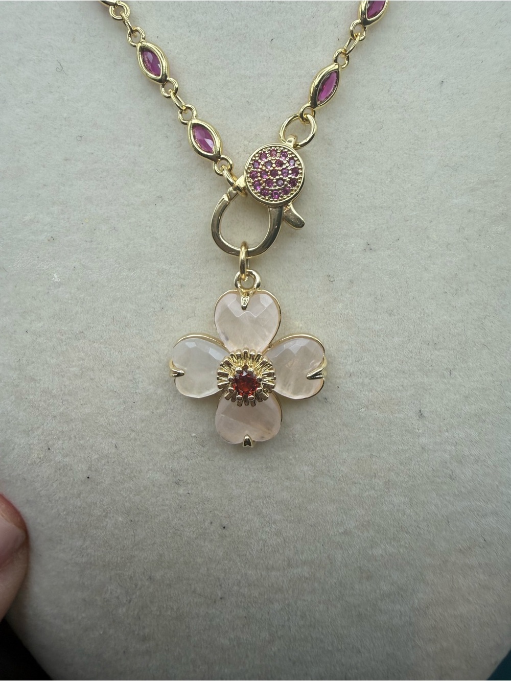 Adina Eden Pink Rose Quartz Floral Pendant Necklace with Gold Accents
